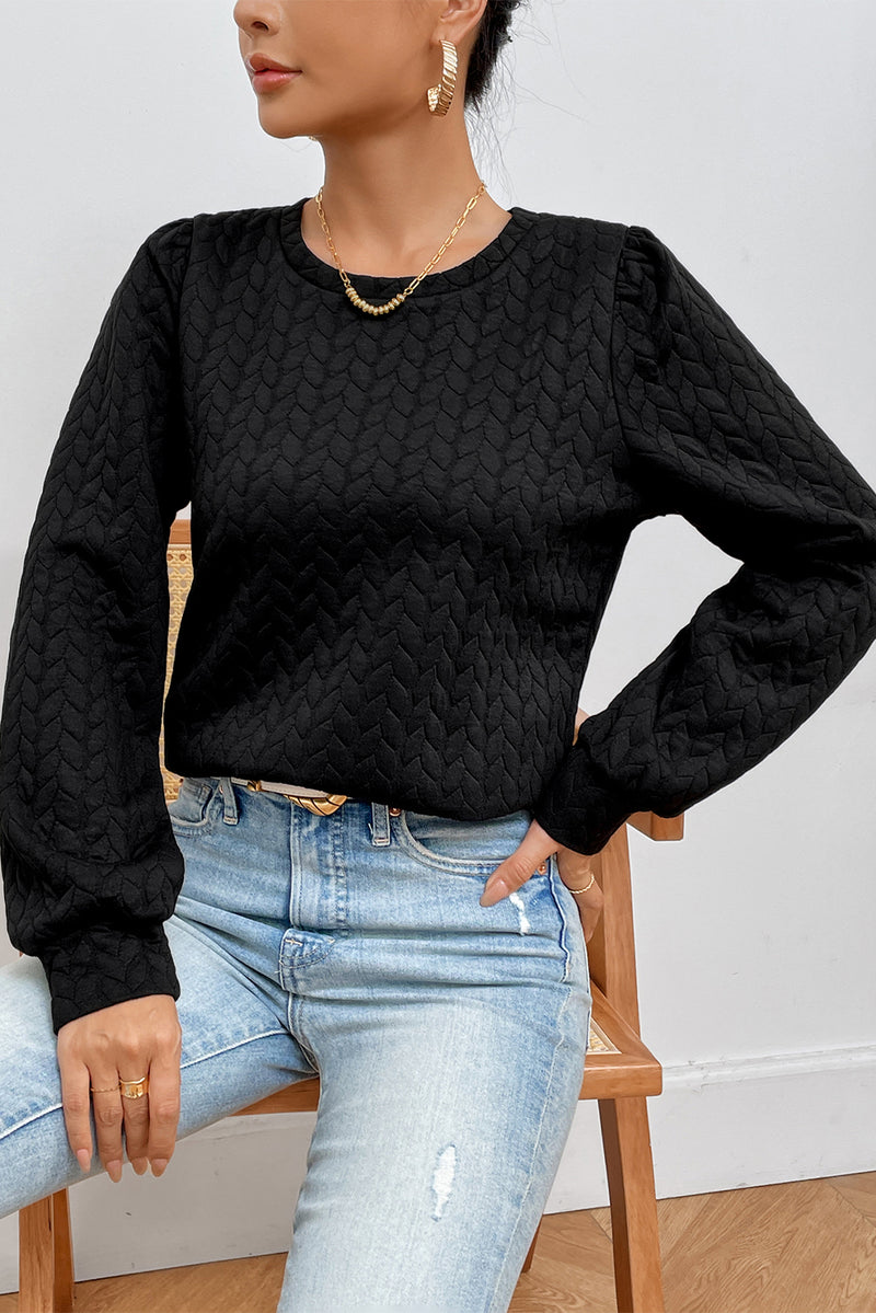 Black Cable Textured Puff Sleeve Sweatshirt