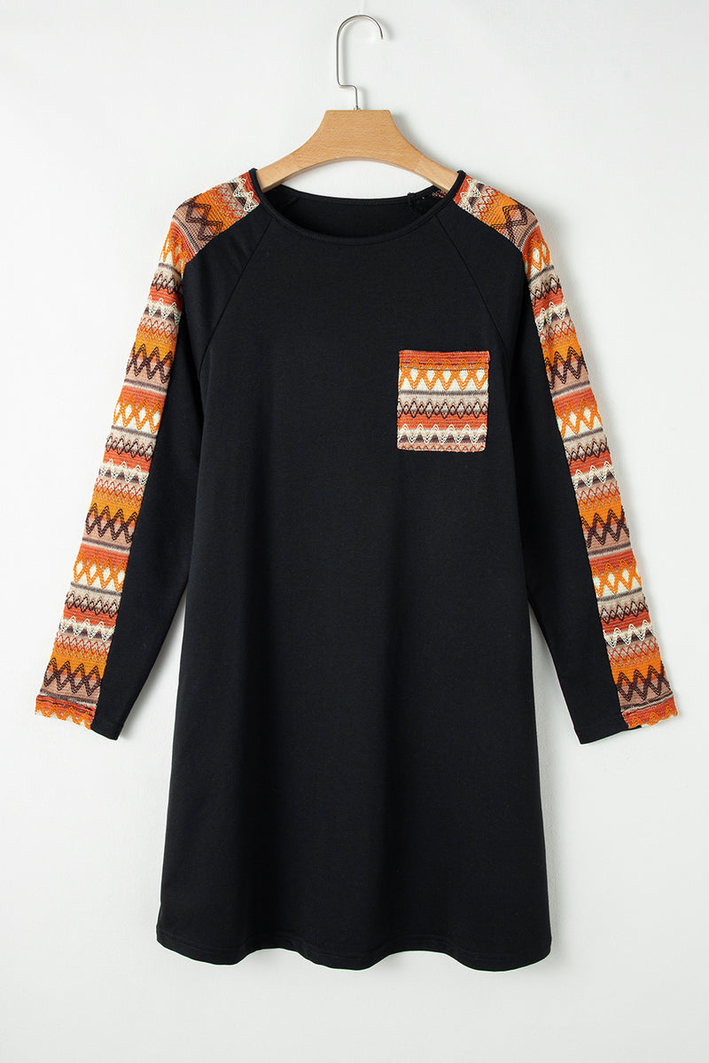 Orange Contrast Geo Raglan Sleeve Patchwork Dress