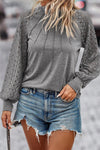 Gray Contrast Lace Raglan Sleeve Plicated Knit Top