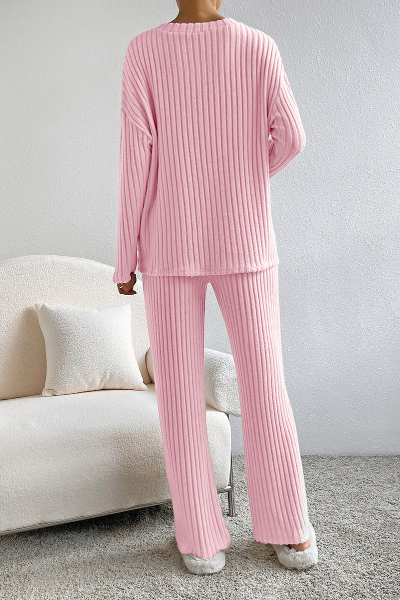 Light Pink Ribbed Knit V Neck Slouchy Two-piece Outfit