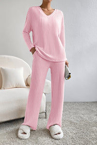 Light Pink Ribbed Knit V Neck Slouchy Two-piece Outfit