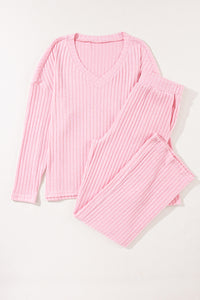 Light Pink Ribbed Knit V Neck Slouchy Two-piece Outfit