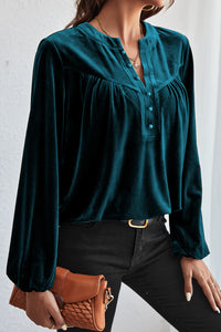 Skobeloff Lantern Sleeve Beaded Split V Neck Velvet Top