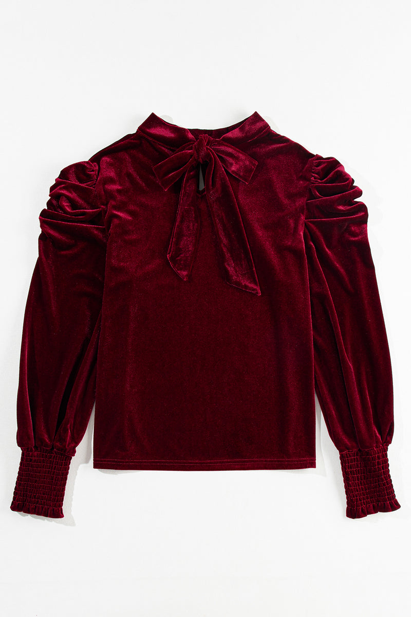 Fiery Red Mock Neck Puff Sleeve Velvet Blouse