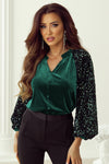 Evergreen Sequin Patchwork Sleeve Button Up Velvet Top