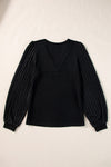 Black Buttoned V Neck Ribbed Puff Sleeve Top